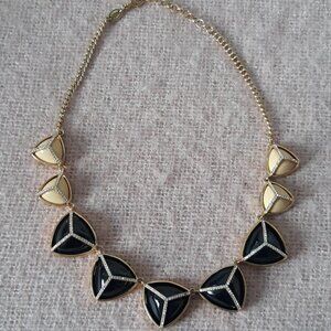 Fossil Statement Necklace, Black & Cream Triangular Stones, Gold Chain